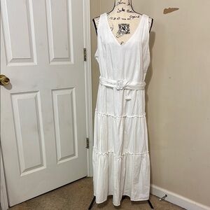 Ann Taylor White Cotton Blend Sleeveless Belted Tiered Midi Dress Size 16 Easter